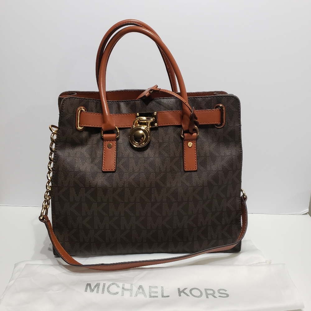 Michael Kors Large Brown Leather Chain Satchel Tote Purse Bag